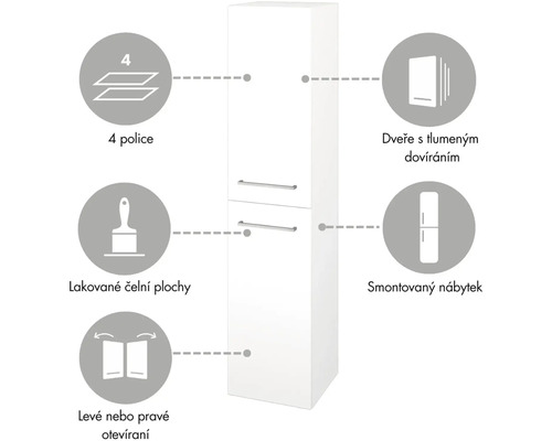 Vysoká skrinka so štyrmi policami, lakovaným povrchom, dverami s tichým zatváraním a voliteľným dorazom dverí