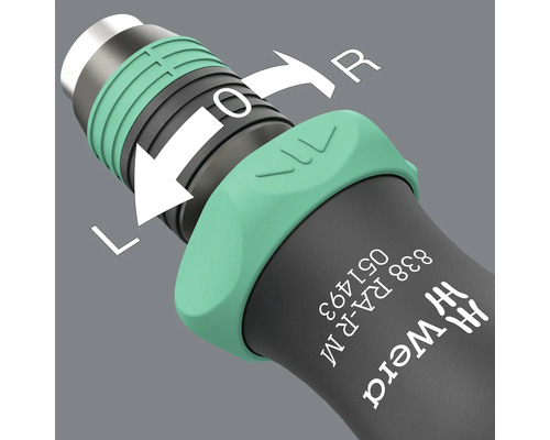 Detailný pohľad na prepínaciu páčku skrutkovača Wera s nápismi vľavo, vypnuté a vpravo