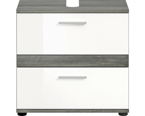 Skrinka pod umývadlo s dvoma zásuvkami a vzhľadom dreva