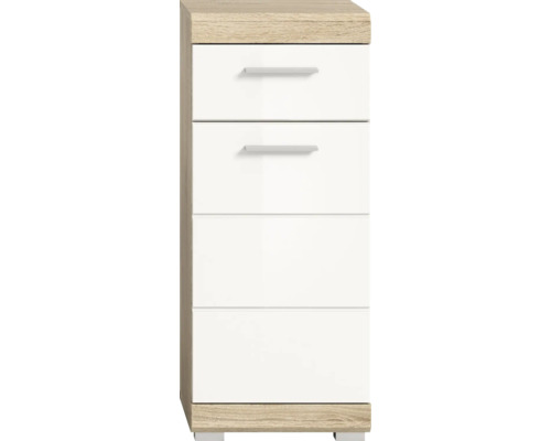 Komoda so štyrmi zásuvkami vo vzhľade dreva a bielej farbe
