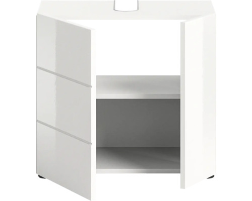 Biela skrinka pod umývadlo s otvorenými dvierkami a dvoma policami.