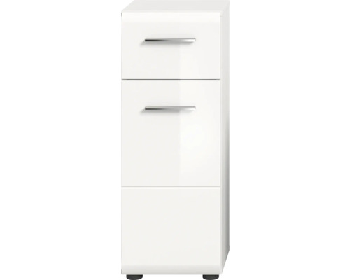 Biela kúpeľňová vysoká skrinka s tromi zásuvkami a úchytmi