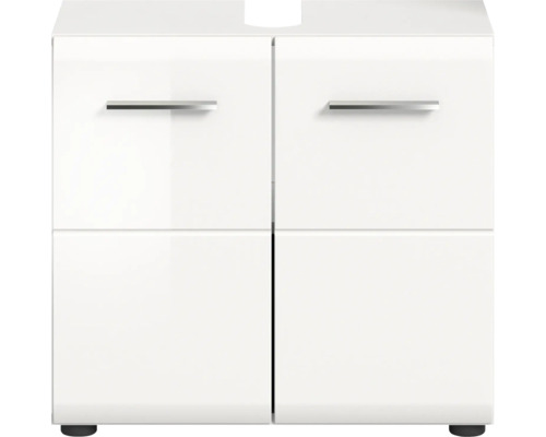 Biela skrinka pod umývadlo so štyrmi dvierkami a kovovými úchytkami