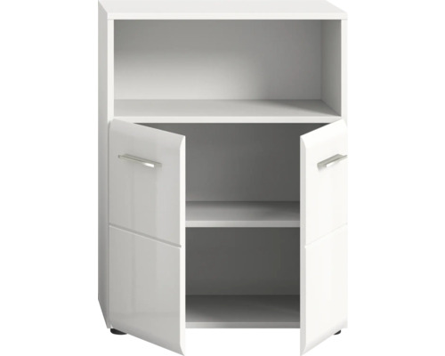 Biela kúpeľňová skrinka s dvomi otvorenými dverami a policami