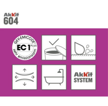 Informácie o produkte Akkit 604 s pečaťou GEV Emicode EC 1 Plus, vhodné do vlhkého prostredia a zobrazuje roztiažnosť