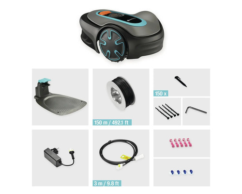 Robotická kosačka Gardena s nabíjacou stanicou, ohraničujúcim káblom, kolíkmi, káblovými konektormi, pripojovacími svorkami, skrutkami a imbusovým kľúčom