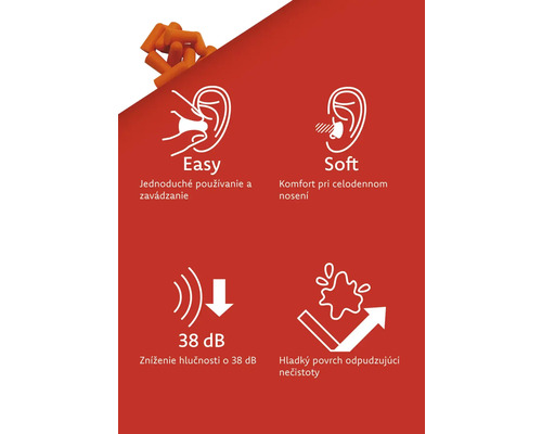 Obrázok vlastností štupľov do uší: jednoduchá aplikácia, mäkké, zníženie hluku o 38 decibelov, hladký povrch odpudzujúci nečistoty