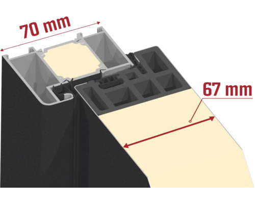 Prierez okenným rámom s rozmermi 70 milimetrov a 67 milimetrov