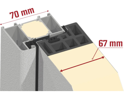 Detail okenného profilu s rozmermi 70 mm a 67 mm.