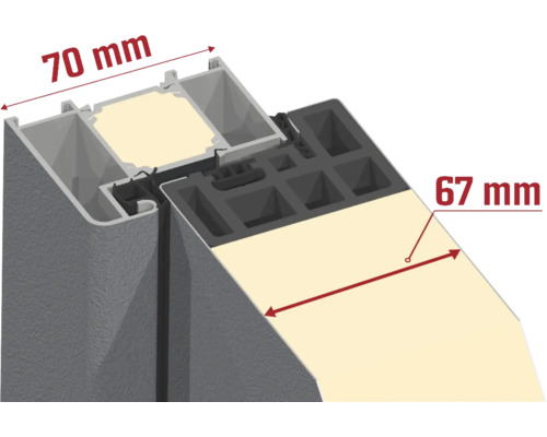Prierez okenného rámu s rozmermi 70 mm a 67 mm