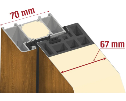 Detail okenného profilu s rozmermi 70 milimetrov a 67 milimetrov