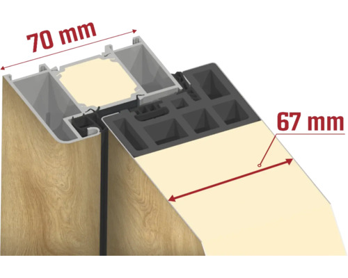 Priečny rez dverového rámu s rozmermi 70 mm a 67 mm