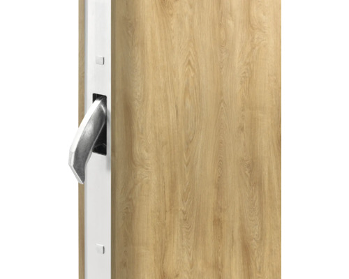 Detailný pohľad na vchodové dvere s dreveným vzhľadom a striebornou kľučkou