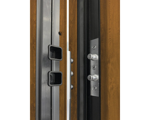 Detailný záber dverí s bezpečnostným kovaním a viacbodovým zamykaním