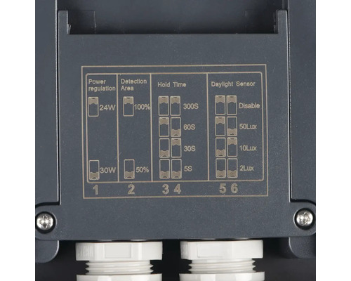 Nastavenia výkonu, detekčnej oblasti, doby pridržania a senzora denného svetla