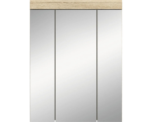 Zrkadlová skrinka s tromi dvierkami a dreveným povrchom