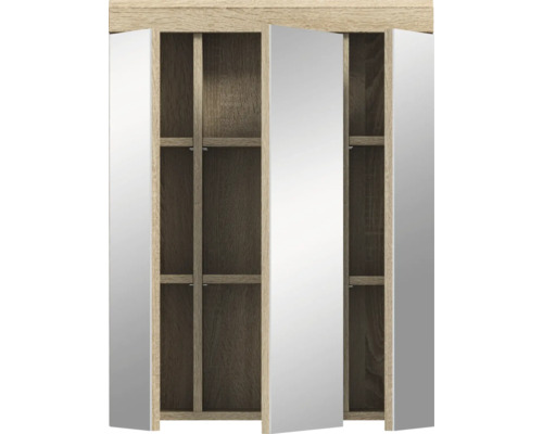 Otvorená drevená zrkadlová skrinka s policami