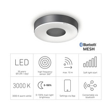 Stropné LED svietidlo Steinel s Bluetooth Mesh a detailmi produktu, ako je životnosť, senzor, dosah, mäkký štart, teplota farieb, jas, ovládanie aplikácií a pripojenie Bluetooth