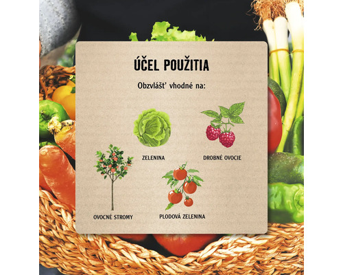 Ilustrácia s príkladmi použitia pre zeleninu, bobule, ovocné stromy a plodovú zeleninu.