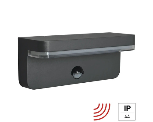 Sivé vonkajšie nástenné svietidlo s pohybovým senzorom a stupňom krytia IP44