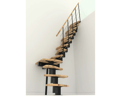 Samonosné schodisko s drevenými stupňami a čiernym zábradlím