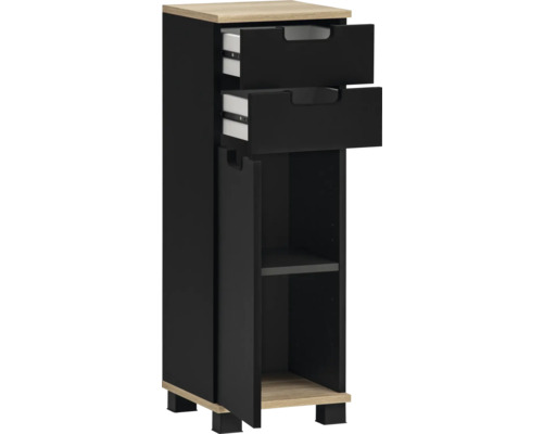 Úzky kúpeľňový nábytok s dvomi zásuvkami a otvorenou priehradkou