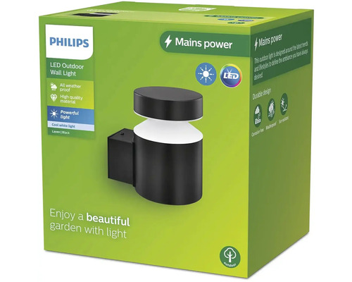 Logo spoločnosti Philips. Balenie vonkajšieho LED nástenného svietidla Laven v čiernej farbe. Vlastnosti: Odolné voči všetkým poveternostným vplyvom, Vysoko kvalitný materiál a Výkonné svetlo.