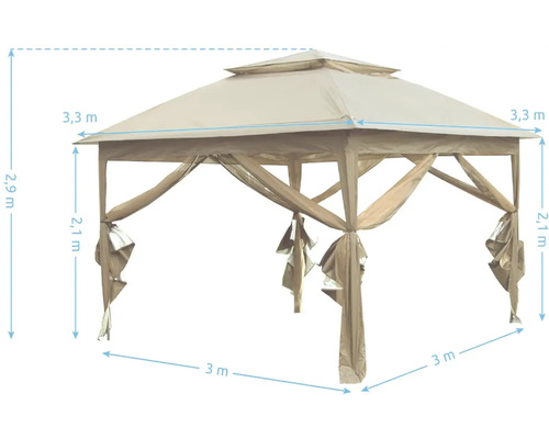 Záhradný altánok s rozmermi 3 x 3 metre a výškou 2,9 metra