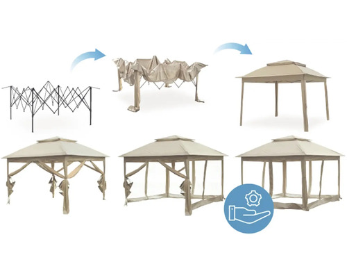 Séria obrázkov zobrazuje zostavenie záhradného pavilónu so skladacím mechanizmom