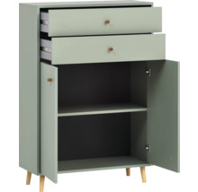 Komoda s dvoma zásuvkami a dvoma otvorenými dverami