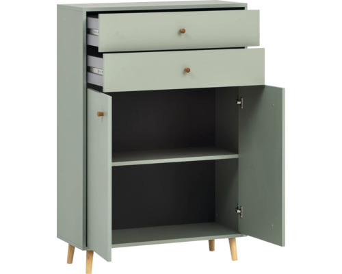 Komoda s dvoma zásuvkami a dvoma otvorenými dverami