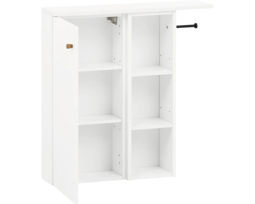 Biela kúpeľňová skrinka s policami a otvorenými dverami