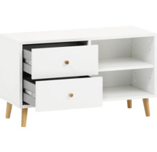 Biela nízka skrinka s dvoma zásuvkami a dvoma otvorenými policami