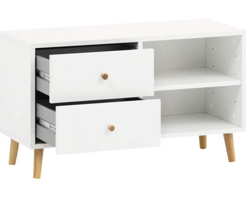 Biela nízka skrinka s dvoma zásuvkami a dvoma otvorenými policami