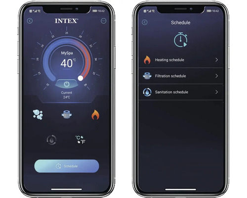 Snímky obrazovky aplikácie Intex na ovládanie ohrevu, filtrácie a čistenia vírivky