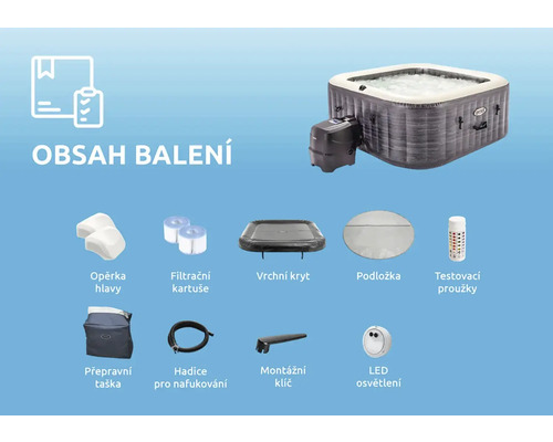 Obsah vírivky Intex: vírivka, opierky hlavy, filtračné kartuše, kryt, podložka, testovacie prúžky, prepravná taška, hadica, montážny kľúč a LED osvetlenie