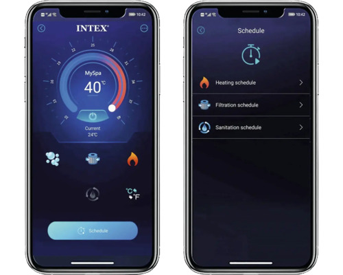 Smartfón s aplikáciou Intex na ovládanie funkcií vírivky, ako je kúrenie, filtrácia a dezinfekcia.