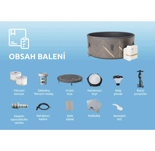 Obsah balenia: nafukovacia vírivka, filtračné patróny, základňa filtračnej patróny, horný kryt, nafukovací kryt, malý plavák, ručná pumpa, adaptér vypúšťacieho ventilu, nafukovacia hadica, súprava záplat, podložka, montážny kľúč
