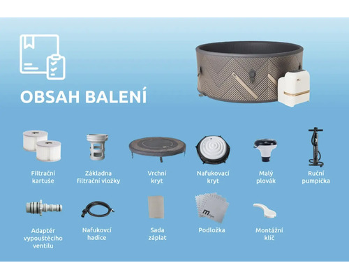 Obsah balenia: nafukovacia vírivka, filtračné patróny, základňa filtračnej patróny, horný kryt, nafukovací kryt, malý plavák, ručná pumpa, adaptér vypúšťacieho ventilu, nafukovacia hadica, súprava záplat, podložka, montážny kľúč