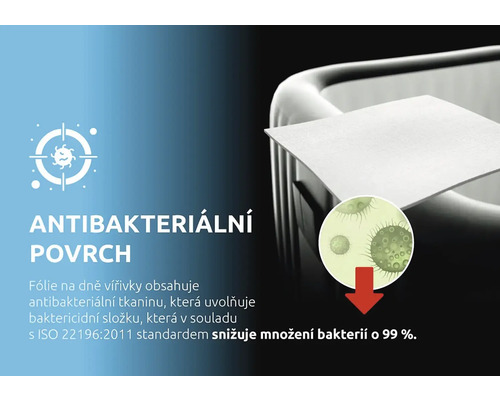Antibakteriálny povrch pre fólie na vírivky podľa normy ISO 22196:2011, redukuje baktérie o 99 percent