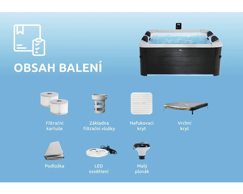 Obsah balenia: vírivka, filtračné patróny, puzdro filtra, nafukovací kryt, horný kryt, podložka, LED osvetlenie a dávkovací plavák