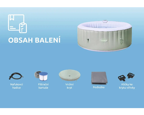 Obsah balenia nafukovacej vírivky s hadicou, filtračnou vložkou, horným krytom, podložkou a kľúčom k vírivke