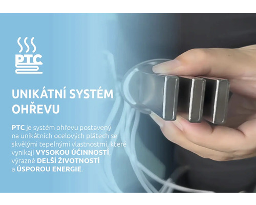 Unikátny vykurovací systém s technológiou PTC a oceľovými doskami.