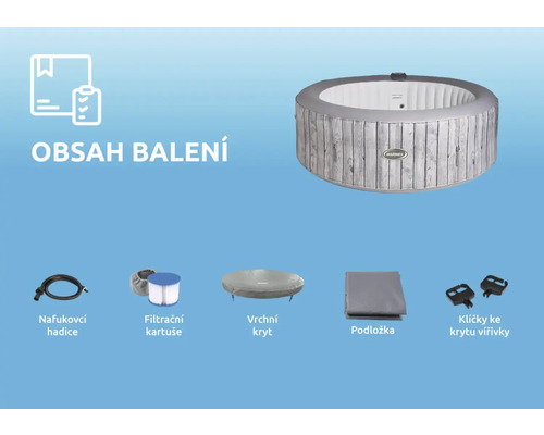 Obsah balenia nafukovacej vírivky s hadicou, filtračnou vložkou, horným krytom, podložkou a kľúčmi na kryt vírivky.