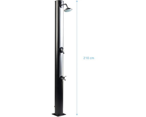 Záhradná sprcha s výškou 210 centimetrov.