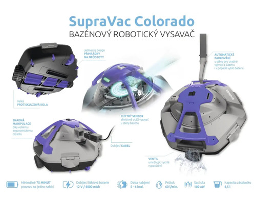 Robotický čistič bazénov SupraVac Colorado s technickými detailmi