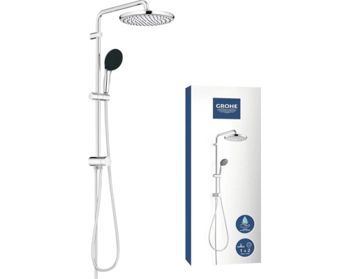 Sprchový systém Grohe s hlavovou a ručnou sprchou a obalom produktu