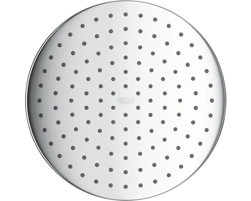 Okrúhla sprchová hlavica s viacerými vodnými tryskami a logom Grohe