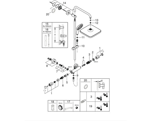 Rozkreslený nákres sprchovej armatúry zobrazujúci jej súčasti a montáž.