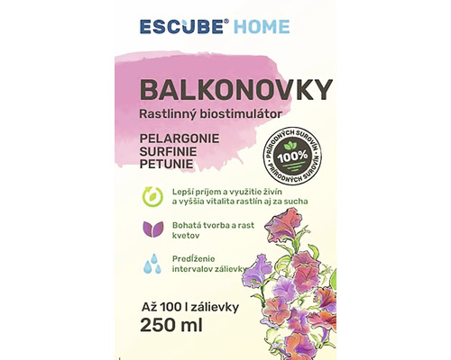 Escube Home balkónový biostimulátor pre muškáty, petúnie a surfínie. Až 100 litrov zálievky, 250 ml. 100 percent prírodných surovín.